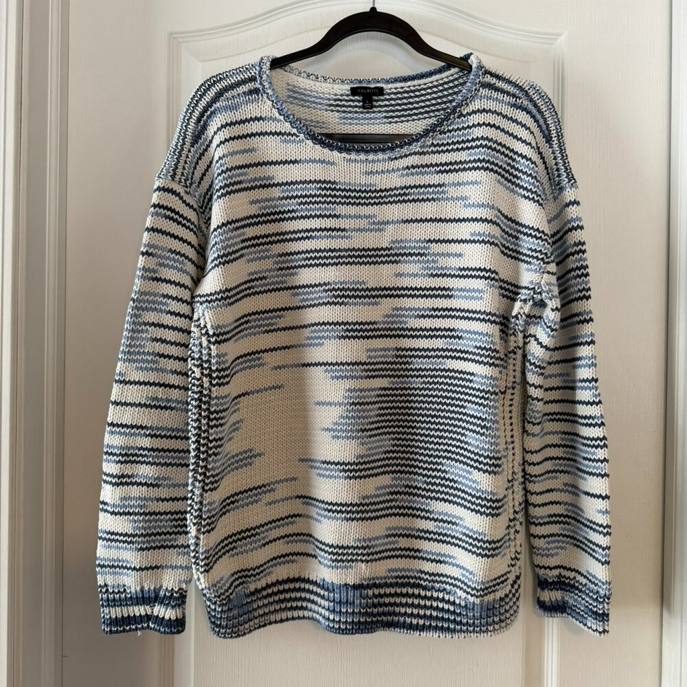 Talbots Cotton Blue Cream Marled Knit Pullover Sweater Misses Large EUC
